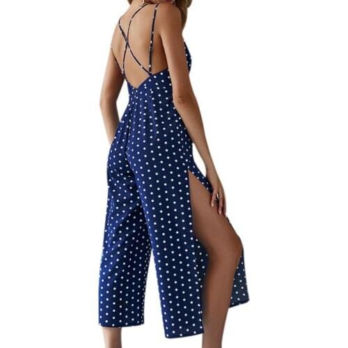 2019 Women Dot Print Jumpsuits Sexy Summer Backless Rompers Sleeveless Split Wide Leg Bodysuits V-Neck Vintage Loose Jumpsuit