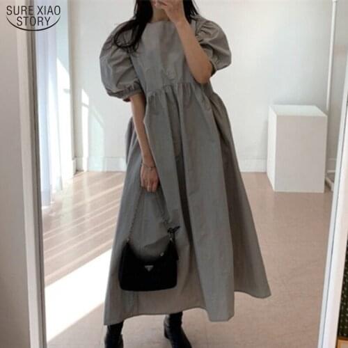 Vintage Plus Size Party Dresses 2021 Summer Puff Sleeve Dress for Women Women Loose Solid Color Long Dress Robe Femme 14047
