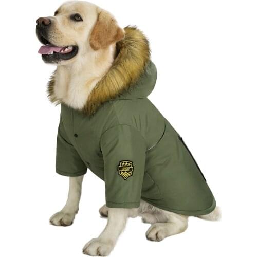 Hooded Dog Winter Warm Down Jacket Waterproof Fur Collar Dog Christmas Clothes With Badge Thicker Dog Accessories For Large Dogs