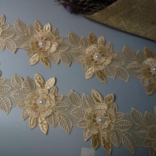 1 yards 9X13 cm Gold Pearl Flower Leaf Handmade Beaded Embroidered Lace Trim Ribbon Applique Wedding Dress Sewing Craft
