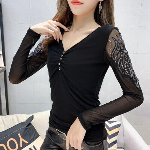 #5686 Black Leopard T Shirt Women V Neck Rivet Casual Sexy Basic Hollout Out Spliced Mesh Long Sleeve T Shirt Female Slim Spring