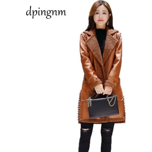 Long leather womens jackets winter new slim Show thin fashion lapel leather Overcoats warm lamb hair womens basic coats AS721