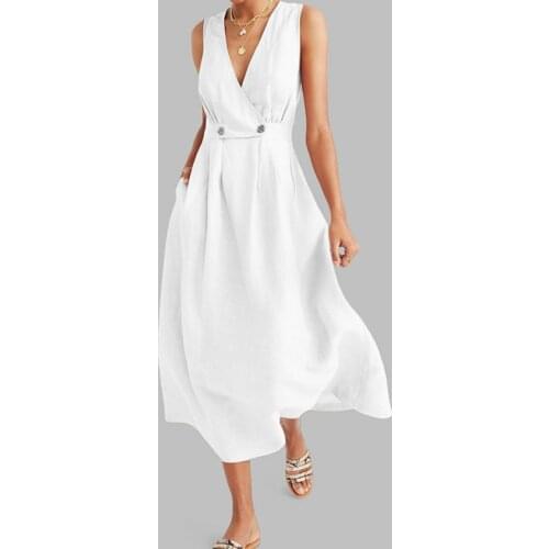 Elegant Summer Commute Ladies Long Dresses Cotton Women V Neck Pleated Pure Colour Button Dress