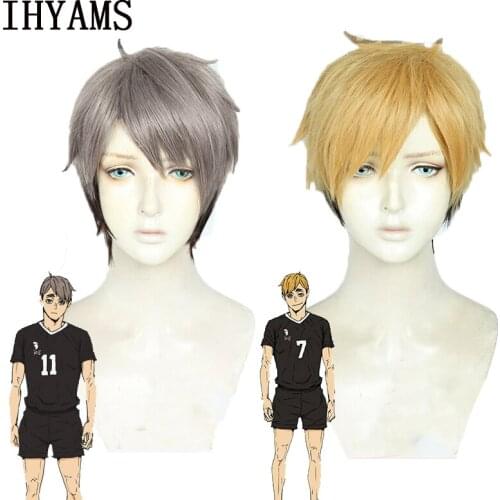 Haikyuu!! Miya Osamu Black Brown Cosplay Wig Miya Atsumu Short Synthetic Black Blonde High temperature Fiber Hair Wig + Wig Cap