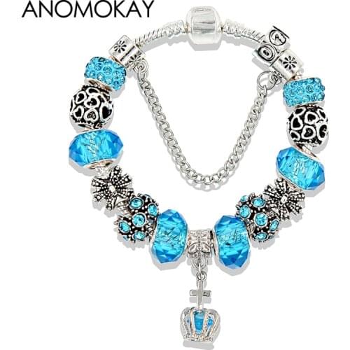 Classic Blue Crystal Crown Charm Bracelets & Bangles Silver Plated Heart Crown Pendant Bead Bracelet Fashion Jewelry for Gift