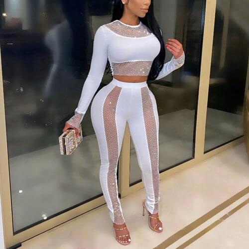 2 Pieces Sets Womens Outfits Summer Sexy Diamond Bodycon Patchowrk Skinny Elegant Evening Night Club Wear Matching Sets 2021 New