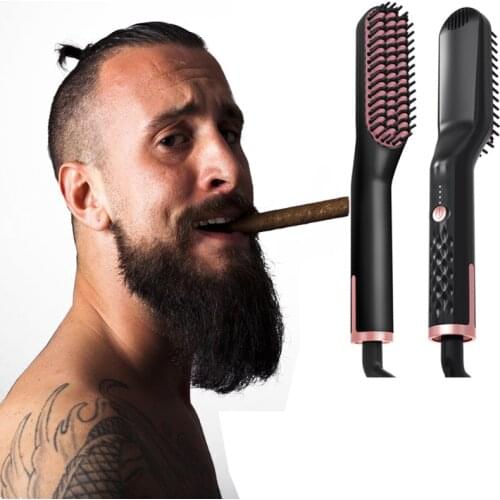 Multifunctional Fast Hot Heating 3in1 Man Beard Styling Comb Anti-Scald Electric Hair Curling Straightening Brush