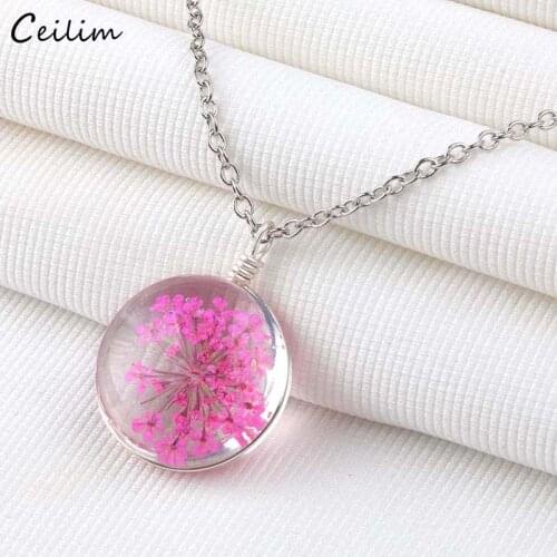 2020 New Dried Flower Necklaces for Women Gifts Fashion Clear Glass Ball Charms Round Pendant Necklace Link Chain Cute Jewelry