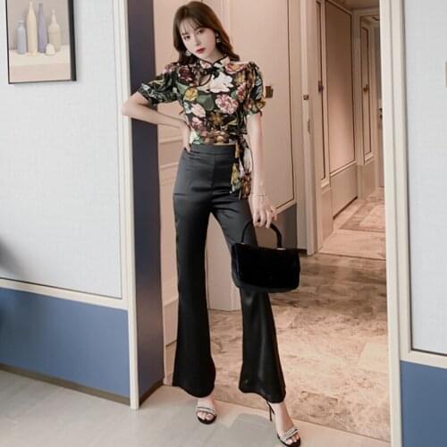New arrival Chinese style comfortable slim women sets short print shirt and long black pants sexy high quality women sets