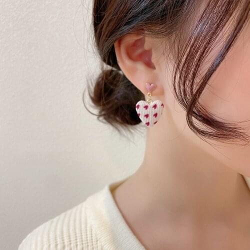 New Lovely Peach Heart Check Color Contrast Soft Autumn Fabric Love Earrings Fashion Personality Jewelry Womens Earrings
