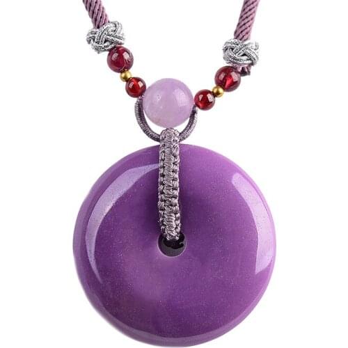 Wholesale Purple Natural Mica Stone Pendant Carved Safety Button Pendants Sweater Chain Necklace Lucky for Women Girl Jewelry
