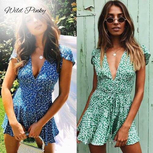 WildPinky Boho Ruffle Beach Summer Dress Casual Short Sexy Dresses Feminino Floral Print Mini Women Dress 2020 Lace Up Vestidos