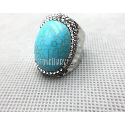 RM4658 10Pcs Synthetic Turquoises Ring Gun Metal Rhinestone Pave Silver Plated Irregular Surface Oval Shape Ring Sale 30x22mm