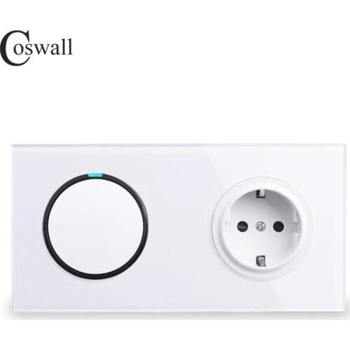 Coswall White Crystal Glass Panel 16A EU Russia Standard Wall Power Socket + 1 Gang 1 Way On / Off Light Switch Blue Backlight