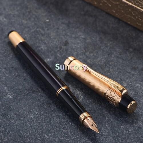 Hero 200B Fountain Pen, 14K Gold Fine Nib 0.5mm Gold Trim Carved Cap, Office School Writing Tool Gift Box Pen Set