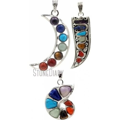 PM39494 Silver Pendant Silver Moon Pendant Copper Jewelry 7 Chakra Moon Shape Horn Tusk Silver Plated Conch Pendant