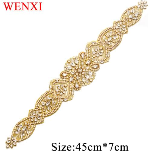WENXI 5PCS Hand Sew On Hot Fix Iron On Silver Crystal Rhinestone Appliques For Wedding Dresses DIY Bridal Sash WX828