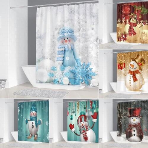 Funny Snowman Fabric Shower Curtain Merry Christmas Bathroom Curtain Snowflake Polyester Fabric Bathtub Screen Festival Decor
