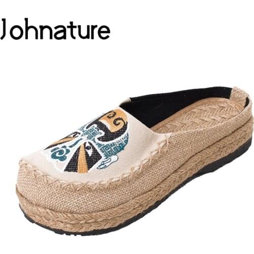 Johnature 2021 New Summer Handmade Embroidery Round Toe Totem Shallow Outside Casual Linen Cotton Shoes Woman Slippers Slides