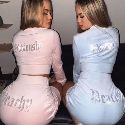 NewAsia Velour Two Piece Outfits Long Sleeve Zipper Sweatshirt Chic Dimond Letter Mini Skirt Crop Top Casual 2 Piece Set Women