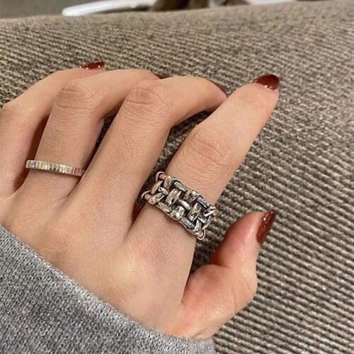 VENTFILLE 925 Sterling Silver Korean Braided Wide Ring Female Fashion Opening Distressed Trend Ethnic Style Handmade Jewelry