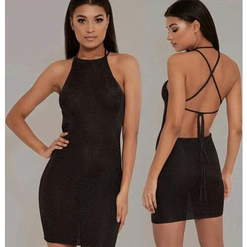 New Summer Women Sexy Halter Backless Crossed Strap Slim Dress No Lining Shining Exposed Knitted Dress