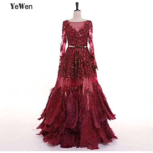 Floor Lenght Ostrich Feathers Burgudy Long Sleeves Sequined Gold Belt Evening Dresses Prom Formal Gowns 2020 Vestidos De Novia