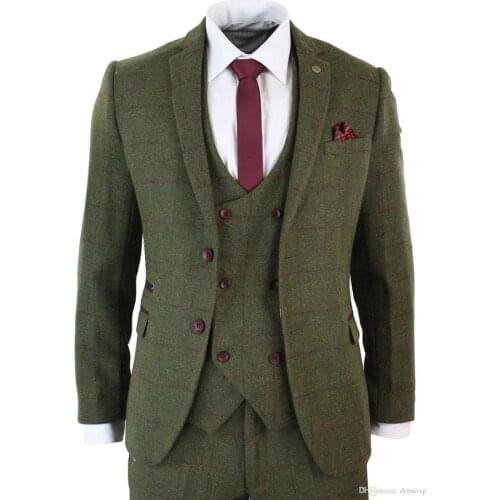 Winter Tuxedos Tweed Wool Plaid Checked Mens Suits For Wedding 2021 Olive Green 3 Pieces Jacket&Vest&Pants Slim Fit Groomsmen