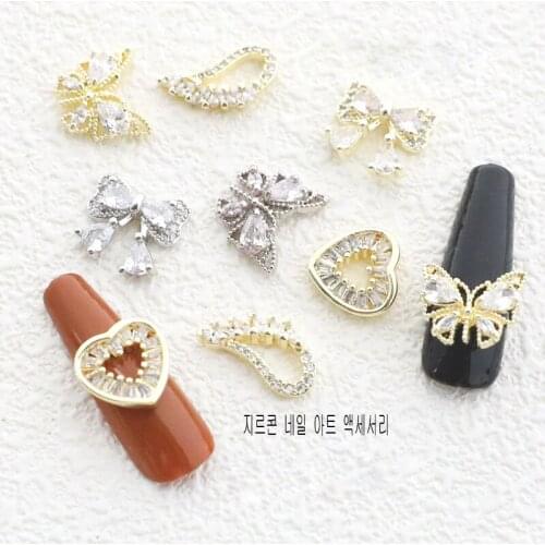 10pcs Light Luxury Zircon Nail Jewelry Simple Bowknot Love Feather Wing Nail Sticker 3D Metal Nail Art Accessories