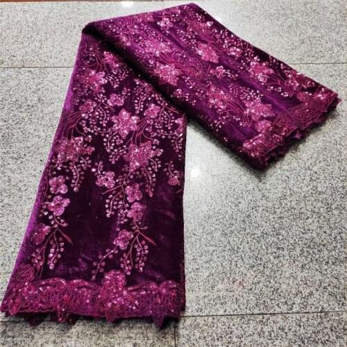 2021 Velvet Lace Fabric For Wedding Dress Purple Sequins Sequence Embroidery Flower Elegant French African Nigerian Lace Fabric