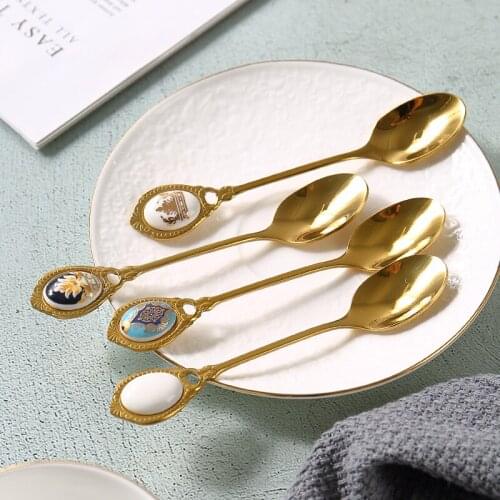 4Pcs /Set High End Retro Golden Stainless Steel Spoon Inlay Ceramic Handle Coffee Snack Stir Teaspoons Dessert Spoons Tableware