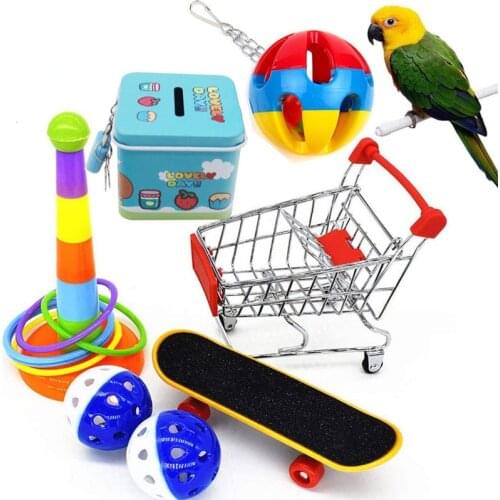 7Pcs/Set Parrot Toys Bird Interactive Parrot Skateboard Cart Ball Puzzle Training Bird Toy Supplies Set Funny Bird Toy