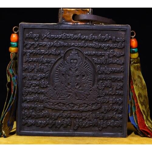 8" Tibet Buddhism Old bronze Bodhi root Hand made Engraved mosaic Warp board Longevity Buddha Statue Town House Exorcism