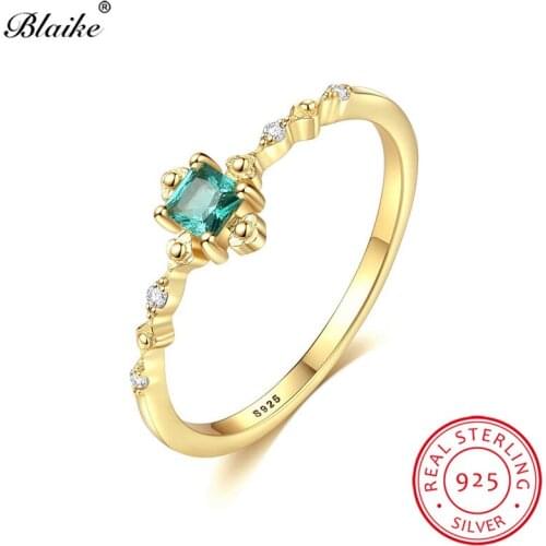 Blaike Minimalist Green Emerald Stone Thin Rings For Women 925 Sterling Silver Small Square Zircon Wedding Ring Stacking Jewelry