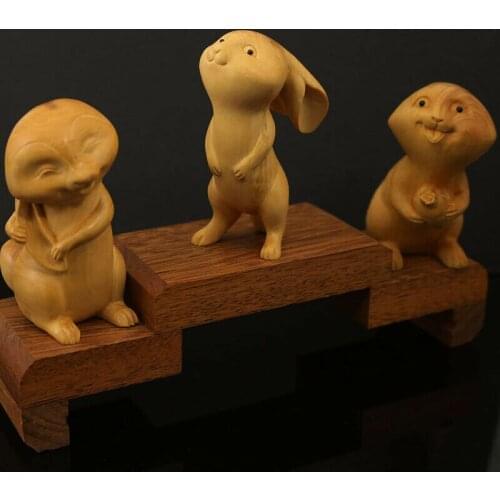 CQ118ca - 7.5-8 CM High Hand Carved Boxwood Figurine Carving - 3 Rabbits Lovely