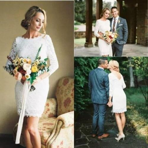 Elegant Sheath Short Wedding Dresses With 3/4 Long Sleeve Lace Romantic Bridal Gowns Custom Made wedding gown Vestido De Nova