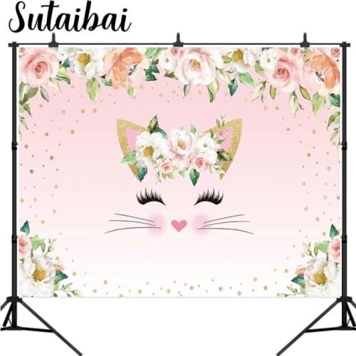 Pink Cat Photography Backdrop Kitten Meow Pet Paw-ty Baby Shower Girl 1st Birthday Party Decoration Flower Floral Background
