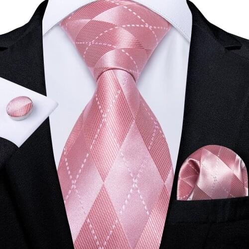 Fashion Plaid Pink Mens Tie Set 8cm Wedding Party 100% Silk Neck Tie Pocket Square Cufflinks Gravatas Gift For Men DiBanGu