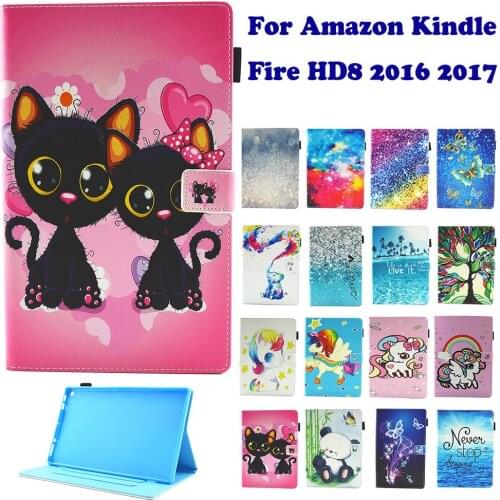 Kindle Fire HD8 Cartoon Stand Pu Leather Fundas Case For Amazon Kindle Fire HD 8 HD8 2016 2017 8.0" Tablet Cover Cases Coque