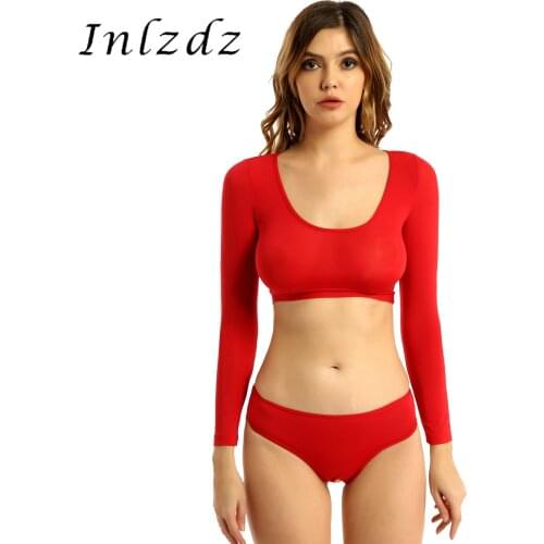Womens Erotic Open Crotch Lingerie Suit Two-piece Underwear Solid Color Scoop Neck Long Sleeve Crop Top with Crotchless Briefs