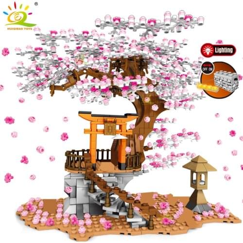 HUIQIBAO 1167Pcs Cherry Shrine Torii City Architecture Street View Building Blocks Sakura Tree Lighting Bricks Figures Toys Kid