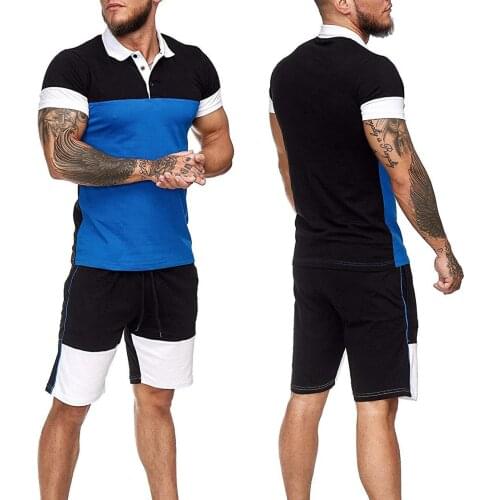 2Pcs Men Summer Tracksuits Match Color Short Sleeves Lapel Polo-Shirt + Elastic Waist Shorts Sports Suit for Boys 4 Colors