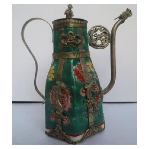 Healing Rare old Chinese folk collection Tibetan teapot porcelain dragon teapot Garden 100% real Tibetan Silver Brassroom
