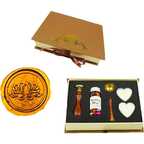 Lotus Flower leaf Vintage Wedding Invitation Custom Picture Logo Wax Seal Sealing Stamp Sticks Spoon Gift Box Set Kit