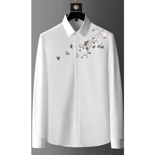 Mens Formal Shirts Embroidery Casual Shirts Street Fashion Long-Sleeved Slim Shirts for Male
