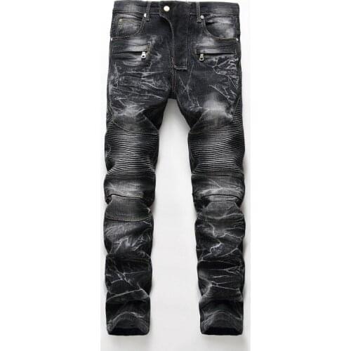 Hot sale Spring autumn Mens Motorcycle jeans High Street stripe retro Straight trousers Elastic Light Cultivation Denim pants