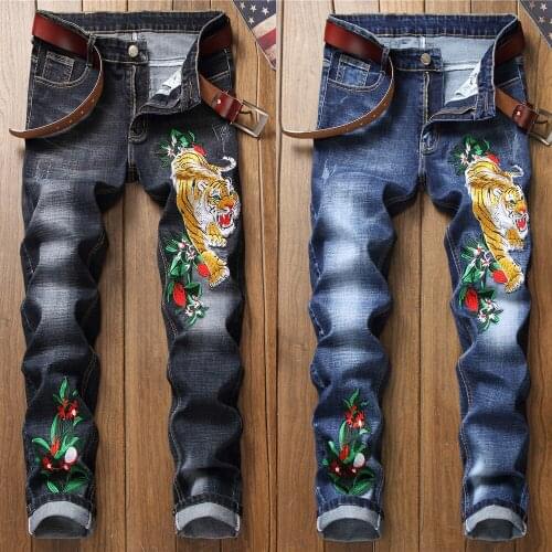 Men’s high quality tiger embroidery denim pants slimming trendy casual jeans classic blue jeans&black jeans