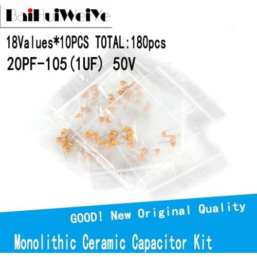 180PCS/LOTE 50V Monolithic Ceramic Capacitor Ceramic Capacitor Assorted Kit 20PF ~ 1UF (105) 18values*10pcs 20pF(200) 22pF