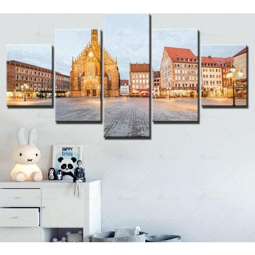 Wall Art Canvas HD Prints City View Painting Home Decor Building Pictures Modern Modular Framework Hallway Room 5 Panel Poster