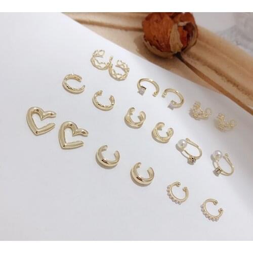 New Korean Chic Delicate Ladies Gold Plated Ear Cuffs Geometric Circle Heart Crystal Pearl Twisted No Piercing Clip On Earrings